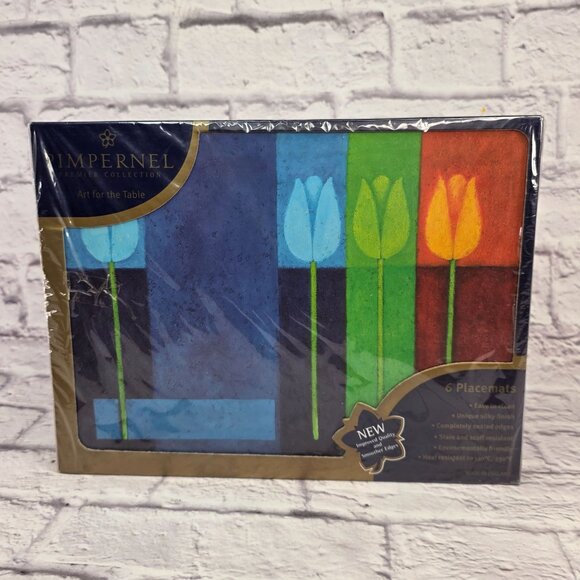 Vtg Pimpernel Premier Collection 6 Placemats & Coasters Set Blue Tulips Design - Picture 3 of 14